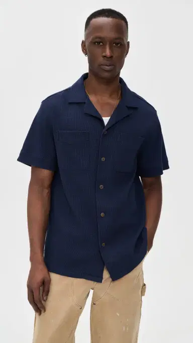 Polo Ralph Lauren Cotton Linen Waffle Knit Andy Camp Shirt Newport Navy | Thumbnail 2