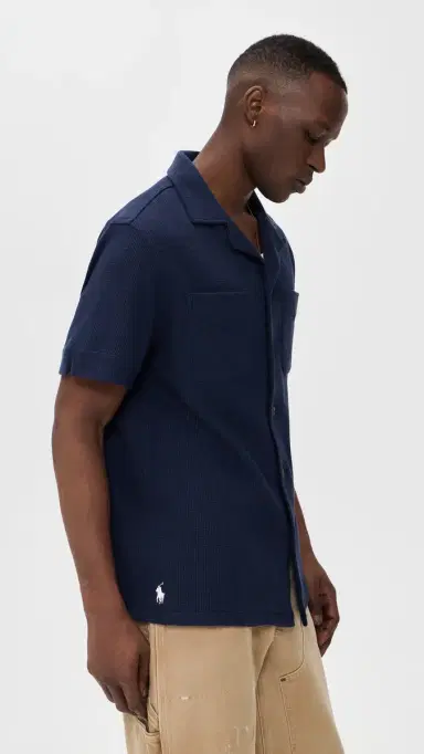Polo Ralph Lauren Cotton Linen Waffle Knit Andy Camp Shirt Newport Navy | Thumbnail 4