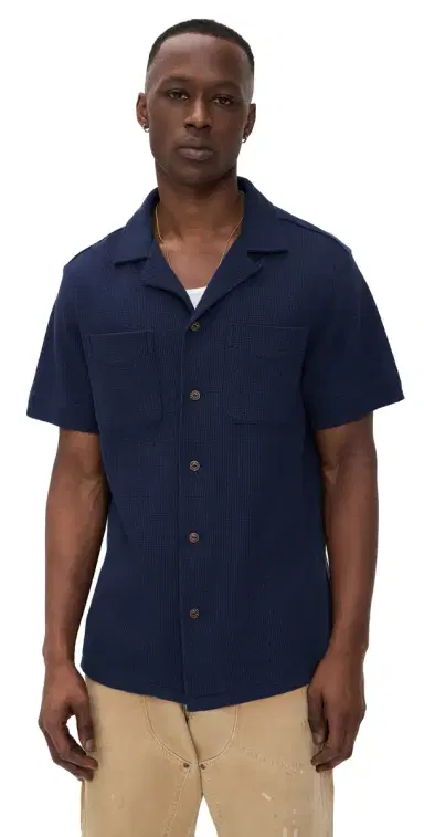 Polo Ralph Lauren Cotton Linen Waffle Knit Andy Camp Shirt Newport Navy | Thumbnail 1