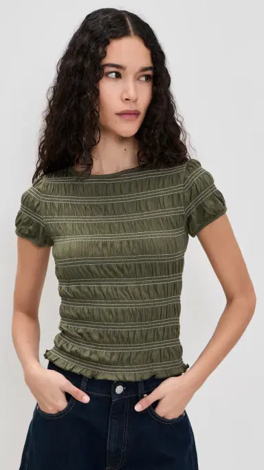 Madewell mocked Short Sleeve Top Faded Ivy w/ White titch | Thumbnail 2