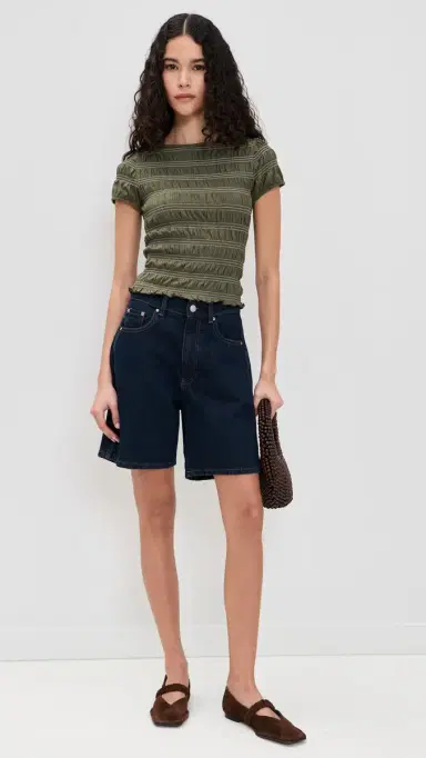 Madewell mocked Short Sleeve Top Faded Ivy w/ White titch | Thumbnail 5