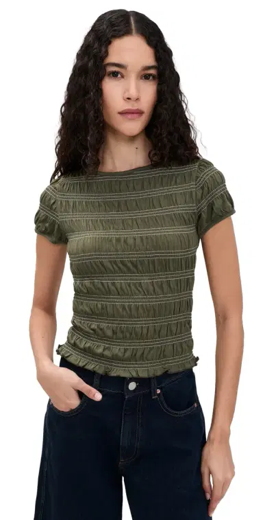 Madewell mocked Short Sleeve Top Faded Ivy w/ White titch | Thumbnail 1