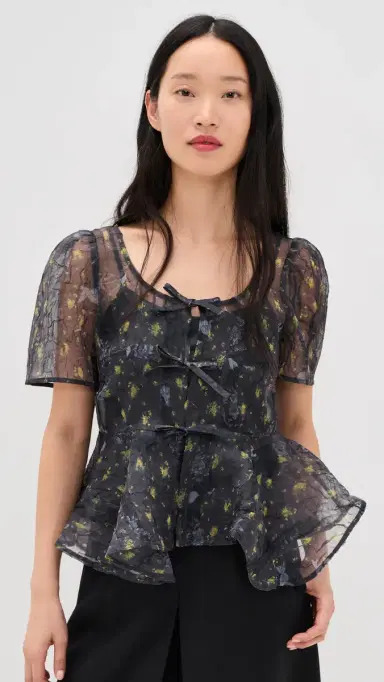 Ganni Printed Shibori Organza Sun Cut Peplum Blouse | Thumbnail 2 Ganni Printed Shibori Organza Sun Cut Peplum Blouse | Thumbnail 2