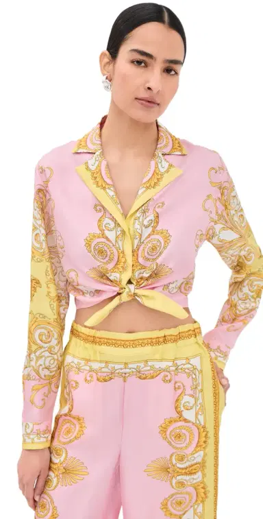 Versace Twill Print Silk Shirt Pale Yellow+Rose Quartz | Thumbnail 1