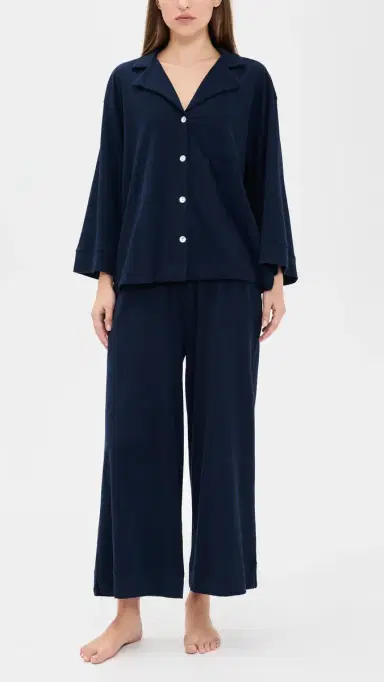 Petite Plume Pima Cotton Navy Wide Leg Pajama Set Navy L | Thumbnail 2 Petite Plume Pima Cotton Navy Wide Leg Pajama Set Navy L | Thumbnail 2