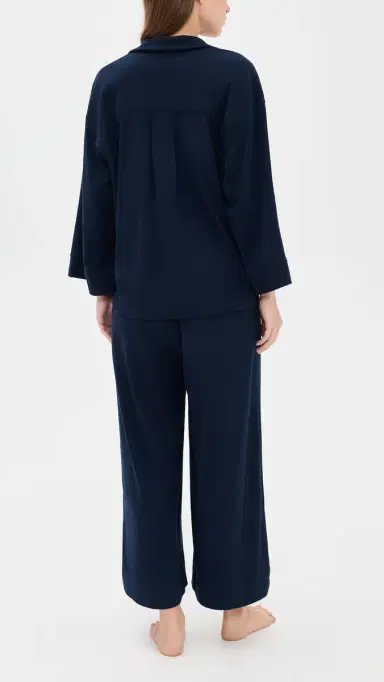 Petite Plume Pima Cotton Navy Wide Leg Pajama Set Navy L | Thumbnail 3 Petite Plume Pima Cotton Navy Wide Leg Pajama Set Navy L | Thumbnail 3