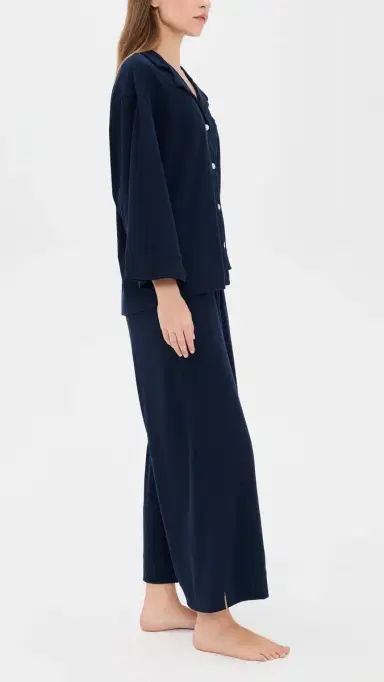 Petite Plume Pima Cotton Navy Wide Leg Pajama Set Navy L | Thumbnail 4 Petite Plume Pima Cotton Navy Wide Leg Pajama Set Navy L | Thumbnail 4