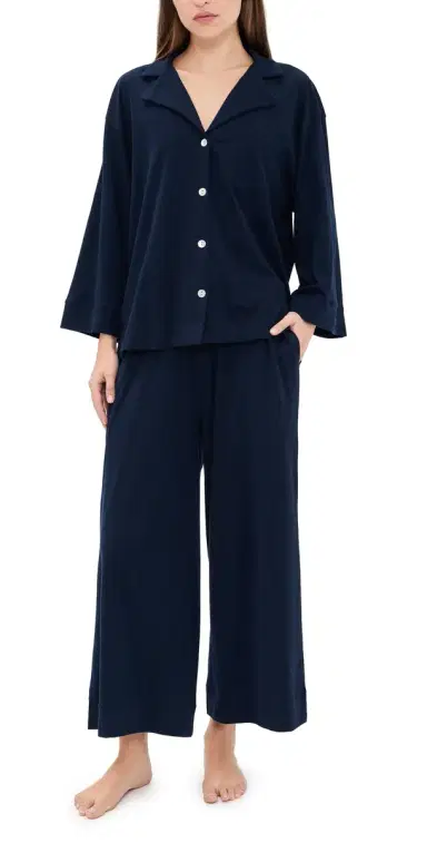 Petite Plume Pima Cotton Navy Wide Leg Pajama Set Navy L | Thumbnail 1 Petite Plume Pima Cotton Navy Wide Leg Pajama Set Navy L | Thumbnail 1