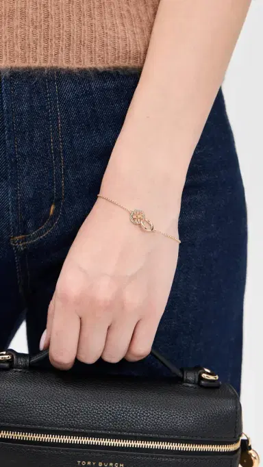 Tory Burch Icon Pavé Interlocking Chain Bracelet Tory Gold/Crystal One Size | Thumbnail 3
