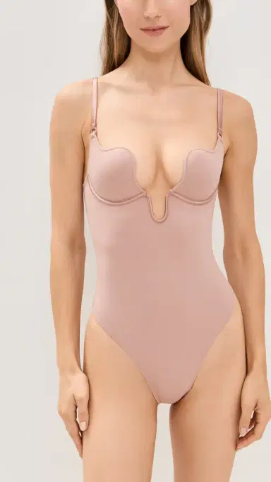 Fleur du Mal Le Stretch Micro U-Plunge Bodysuit Tan M | Thumbnail 2