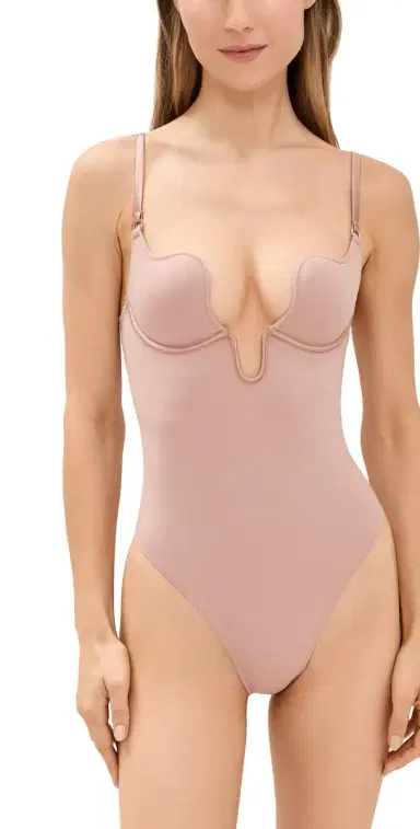 Fleur du Mal Le Stretch Micro U-Plunge Bodysuit Tan M | Thumbnail 1