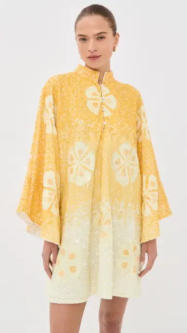 La Vie Style House Sequin Hawaiian Flower Mini Caftan Yellow & White One Size | Thumbnail 2