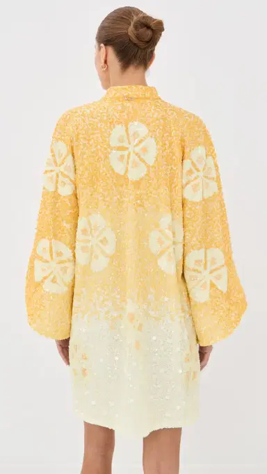 La Vie Style House Sequin Hawaiian Flower Mini Caftan Yellow & White One Size | Thumbnail 3
