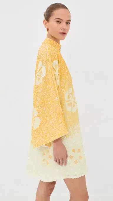 La Vie Style House Sequin Hawaiian Flower Mini Caftan Yellow & White One Size | Thumbnail 4