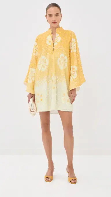 La Vie Style House Sequin Hawaiian Flower Mini Caftan Yellow & White One Size | Thumbnail 5