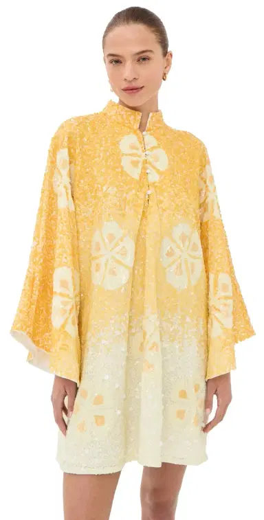 La Vie Style House Sequin Hawaiian Flower Mini Caftan Yellow & White One Size | Thumbnail 1