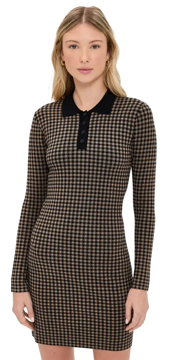 LE BOP Gingham Knit Polo Mini Dress Chocolate/Black