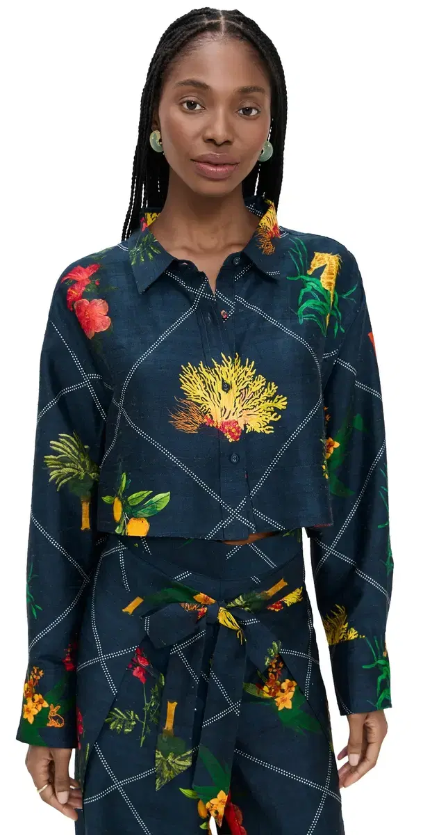 Coniglio Palm Beach Cropped Classic Silk Button Down Florida Frame Navy One Size