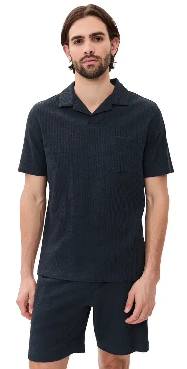 eersucker Knit hort leeve Johnny Collar Coastal