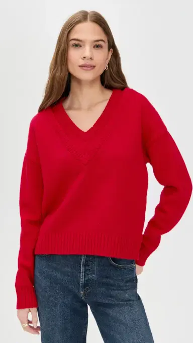 LE BOP Double V Neck Oversized Pullover Sweater Crimson | Thumbnail 2