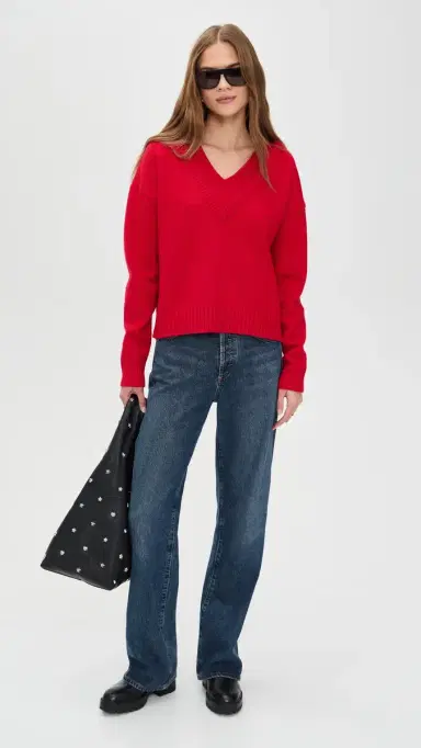 LE BOP Double V Neck Oversized Pullover Sweater Crimson | Thumbnail 5