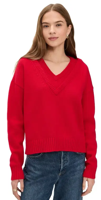 LE BOP Double V Neck Oversized Pullover Sweater Crimson | Thumbnail 1