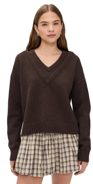 LE BOP Double V Neck Oversized Pullover Sweater Chocolate | Thumbnail 1 LE BOP Double V Neck Oversized Pullover Sweater Chocolate | Thumbnail 1