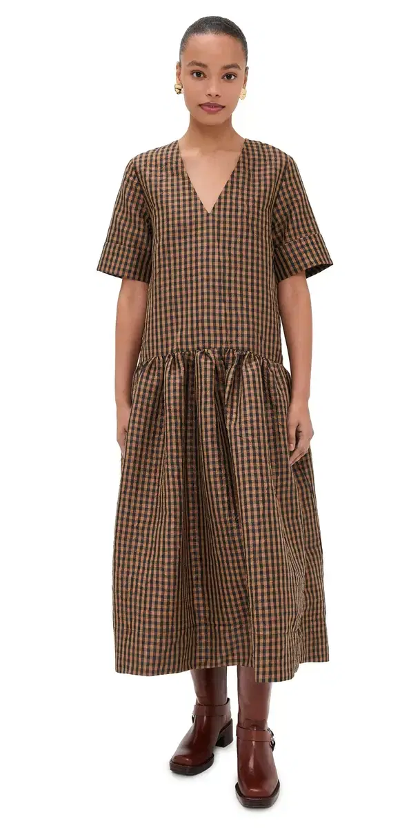 Crinkled Taffeta Check Long Dress Tobacco Brown