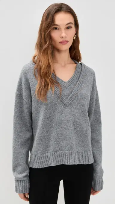 LE BOP Double V Neck Oversized Pullover Sweater Heather Grey | Thumbnail 2