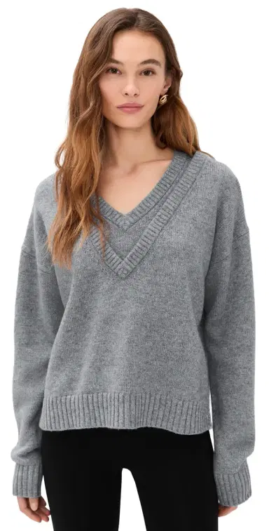 LE BOP Double V Neck Oversized Pullover Sweater Heather Grey | Thumbnail 1