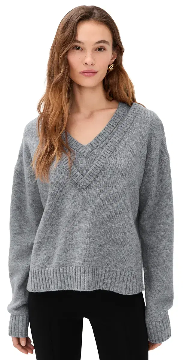 LE BOP Double V Neck Oversized Pullover Sweater Heather Grey