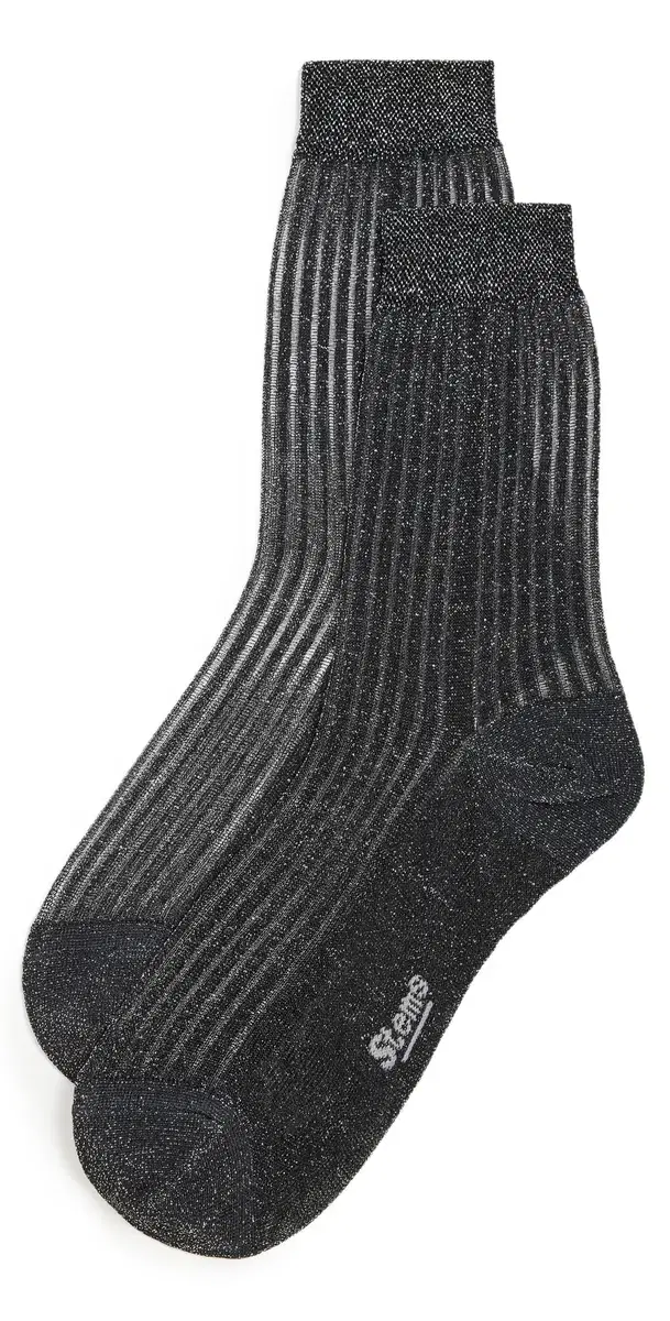 Stems Fine Ribbed Metallic Crew Socks Black One Size