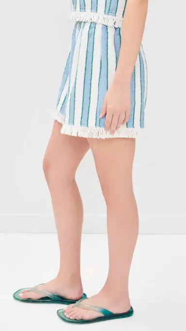 The Tiny Big Sister Towel Striped Elasticated Shorts Off White/Denim Blue | Thumbnail 4 The Tiny Big Sister Towel Striped Elasticated Shorts Off White/Denim Blue | Thumbnail 4
