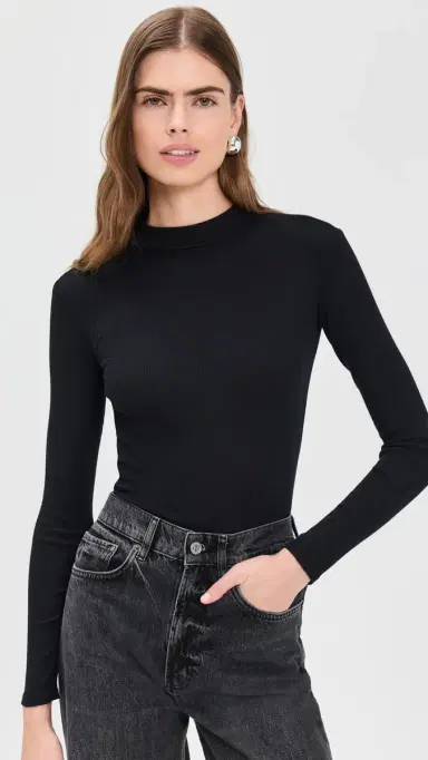 perfectwhitetee Lauryn Mock Neck Rib Long Sleeve Tee True Black M | Thumbnail 2