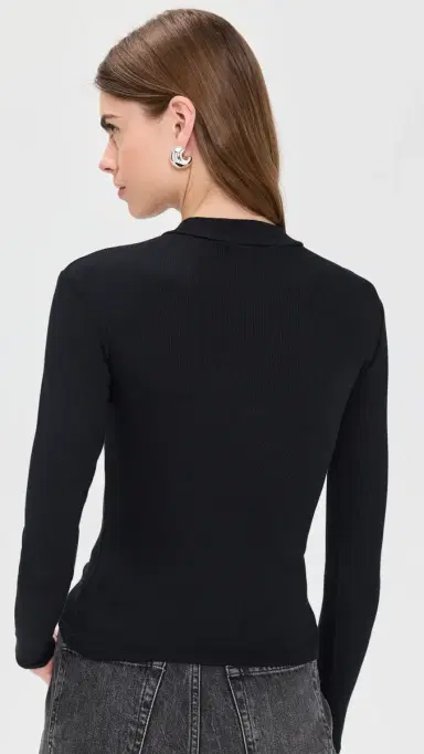 perfectwhitetee Lauryn Mock Neck Rib Long Sleeve Tee True Black M | Thumbnail 3