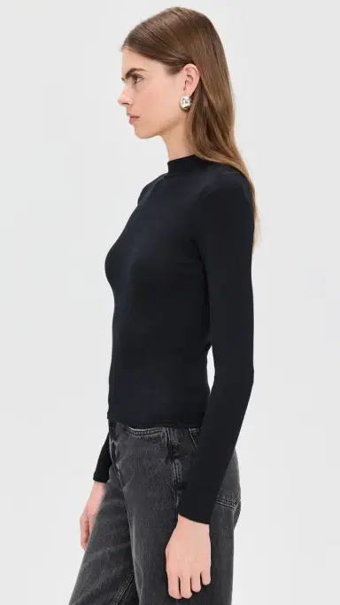 perfectwhitetee Lauryn Mock Neck Rib Long Sleeve Tee True Black M | Thumbnail 4