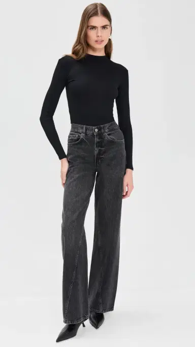 perfectwhitetee Lauryn Mock Neck Rib Long Sleeve Tee True Black M | Thumbnail 5