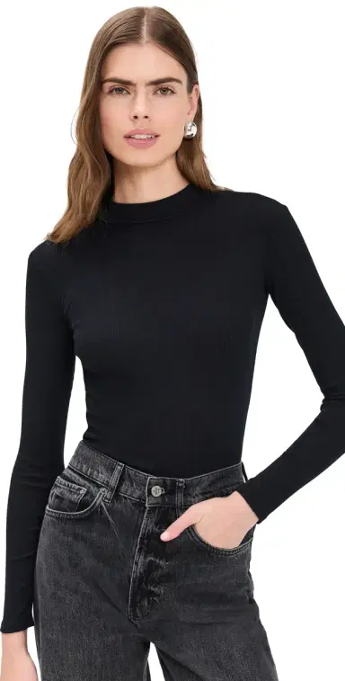perfectwhitetee Lauryn Mock Neck Rib Long Sleeve Tee True Black M | Thumbnail 1