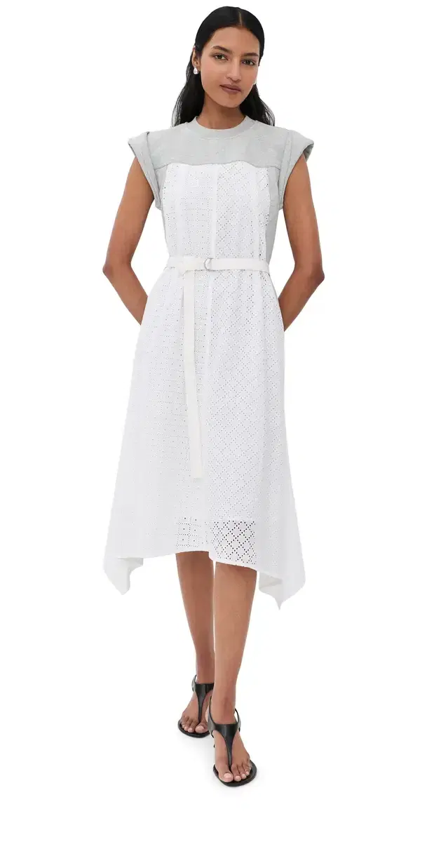 3.1 Phillip Lim Sleeveless French Terry idi Dress with Broderie Anglaise Lt Grey elange/White