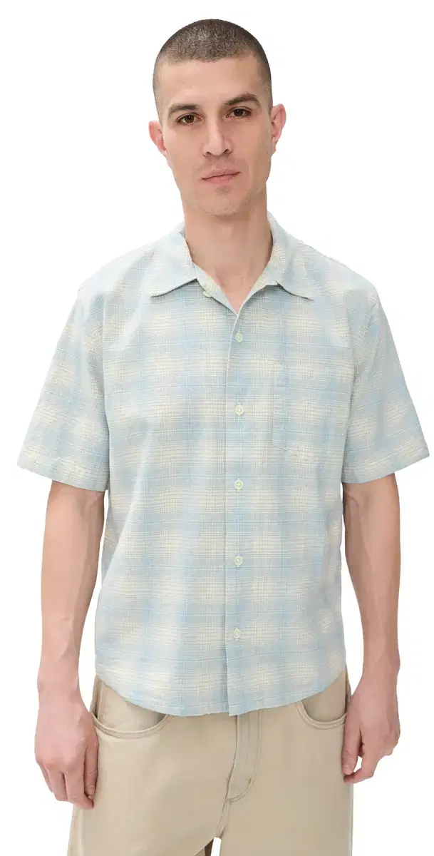 Linen Plaid hort leeve hirt Light Blue