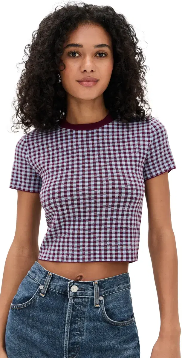 LE BOP Gingham Knit Tee Burgundy/Light Blue