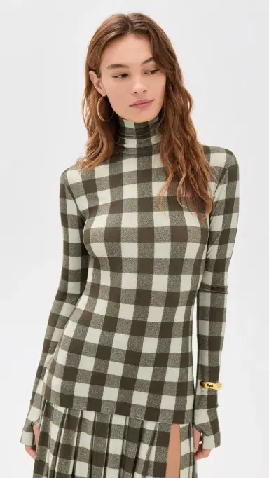 Norma Kamali Slim Fit Long Sleeve Turtle Top Bark Box Plaid | Thumbnail 2 Norma Kamali Slim Fit Long Sleeve Turtle Top Bark Box Plaid | Thumbnail 2