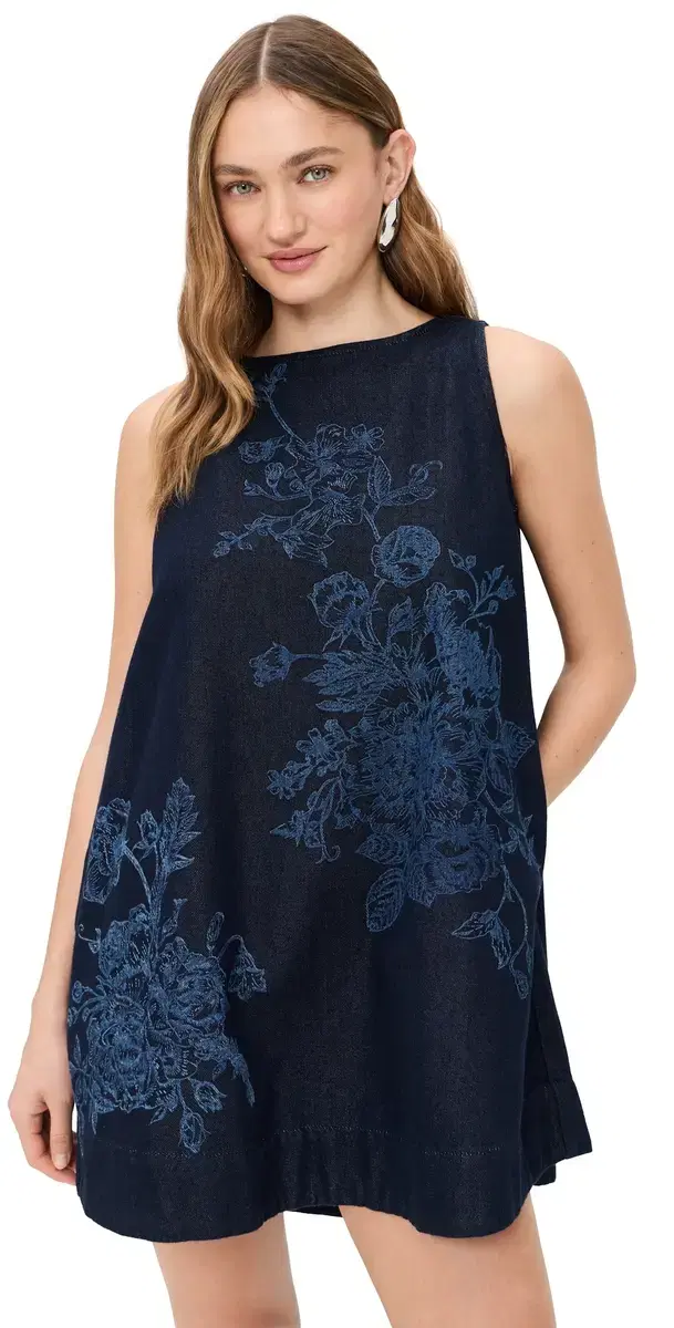 Flower Motif Denim Mini Dress Blue