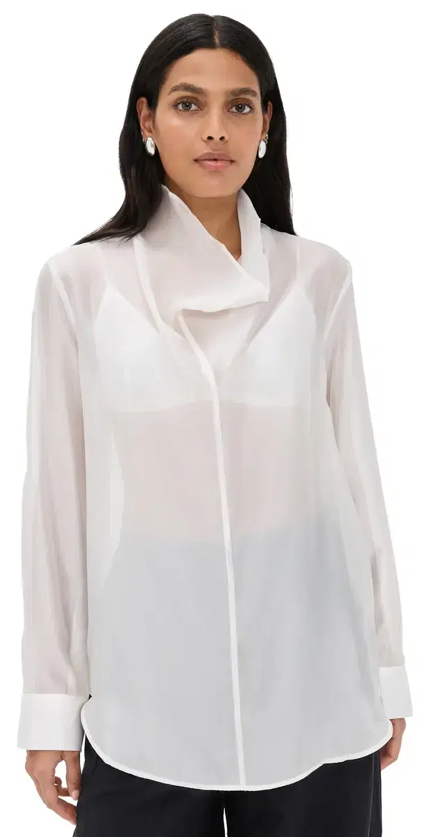 Sheer High Cowl Neck Blouse White
