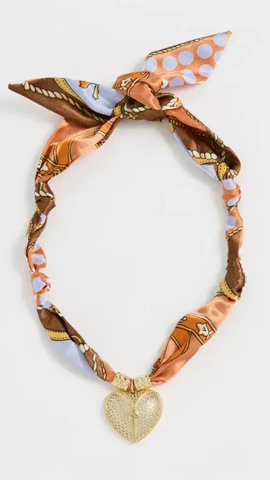 By Adina Eden Puffy Cubic Zirconia Heart Satin Scarf Necklace Gold One Size | Thumbnail 4