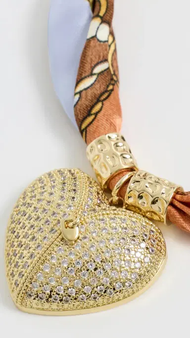 By Adina Eden Puffy Cubic Zirconia Heart Satin Scarf Necklace Gold One Size | Thumbnail 5