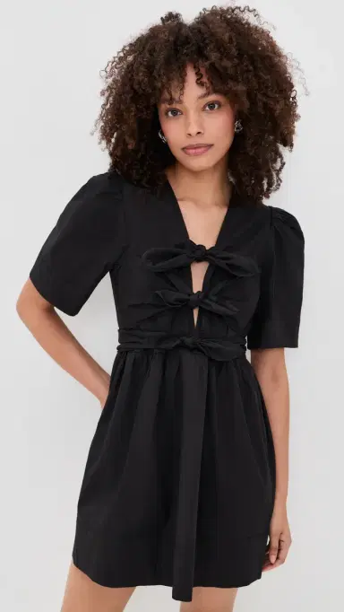 Ganni Stretch Cotton Mini Tie Strap Dress Black | Thumbnail 2 Ganni Stretch Cotton Mini Tie Strap Dress Black | Thumbnail 2