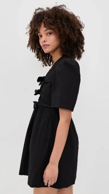 Ganni Stretch Cotton Mini Tie Strap Dress Black | Thumbnail 4 Ganni Stretch Cotton Mini Tie Strap Dress Black | Thumbnail 4