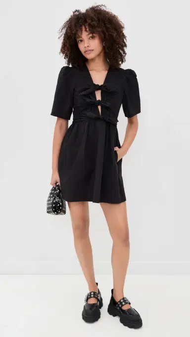 Ganni Stretch Cotton Mini Tie Strap Dress Black | Thumbnail 5 Ganni Stretch Cotton Mini Tie Strap Dress Black | Thumbnail 5