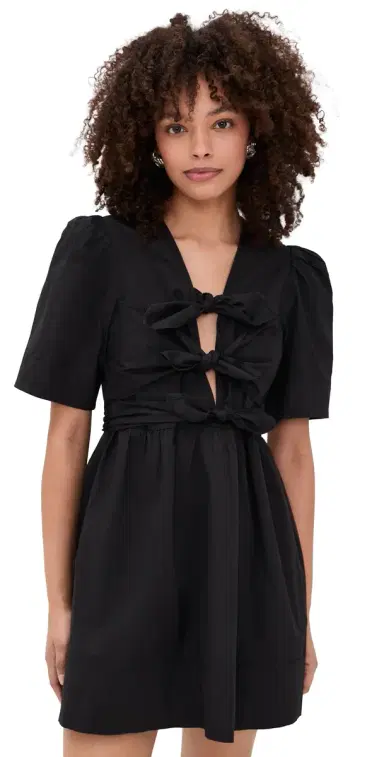 Ganni Stretch Cotton Mini Tie Strap Dress Black | Thumbnail 1 Ganni Stretch Cotton Mini Tie Strap Dress Black | Thumbnail 1